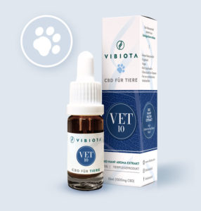 Product photo of our VET Bio CBD Oil 10% for pets (with hemp seed oil & MCT oil) in a 10ml bottle